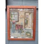 Oak framed embroidery of interior scene