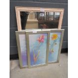 4 floral pictures and a marbled mirror