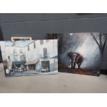 2 prints on canvas of Parisian and safari scenes