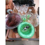 Box of assorted glassware including a cranberry glass open vase, Art Deco style dressing table