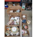 Eight boxes of ceramics including 19th century green and gilt tea service, Satsuma ware, witches