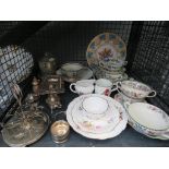 Cage containing silver plated ware, Fortnum and Mason, Copeland, Masons, Doulton, Crown Derby and