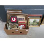 Box of assorted porcelain plaques, prints etc together with 3 loose pictures