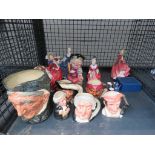 Halcyon Days enamel pill box, group of character jugs, and decorative ladies