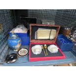 Cage containing Royal Crown Derby mug, Stuart crystal, lusterware, etc