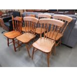 Set of pine spindle back dining chairs and 2 similar chairs