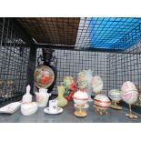 Cage containing a Tupton ware pot and cover, ornamental eggs, transfer printed vase, etc