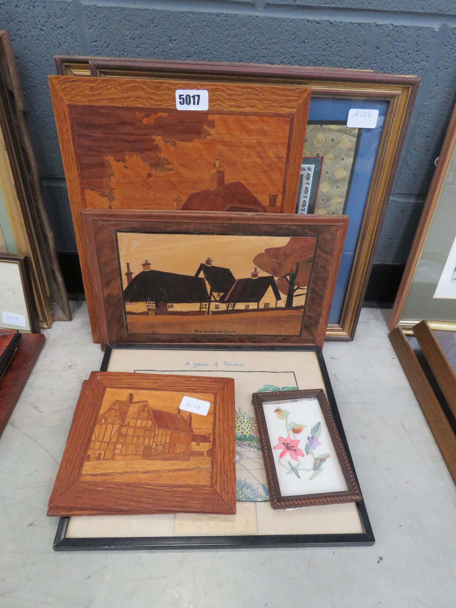 4 marquetry pictures, a copper map and 4 embroideries