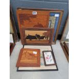 4 marquetry pictures, a copper map and 4 embroideries