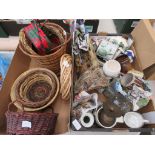 2 boxes of wicker baskets, stoneware castle ornaments etc.