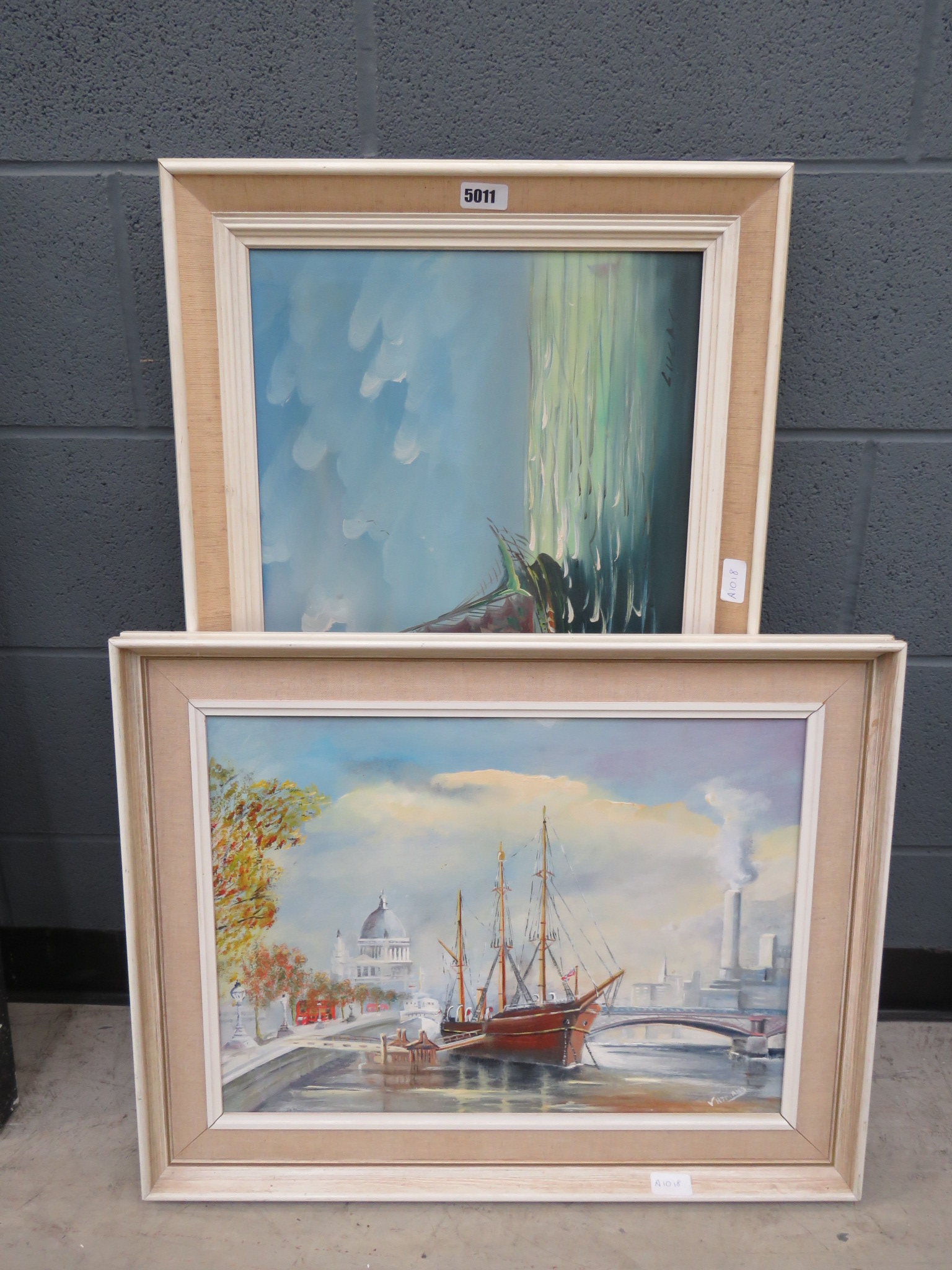 5019 Two 1980s oil on canvas pictures depicting maritime scenes by Lucas and V. Hymans