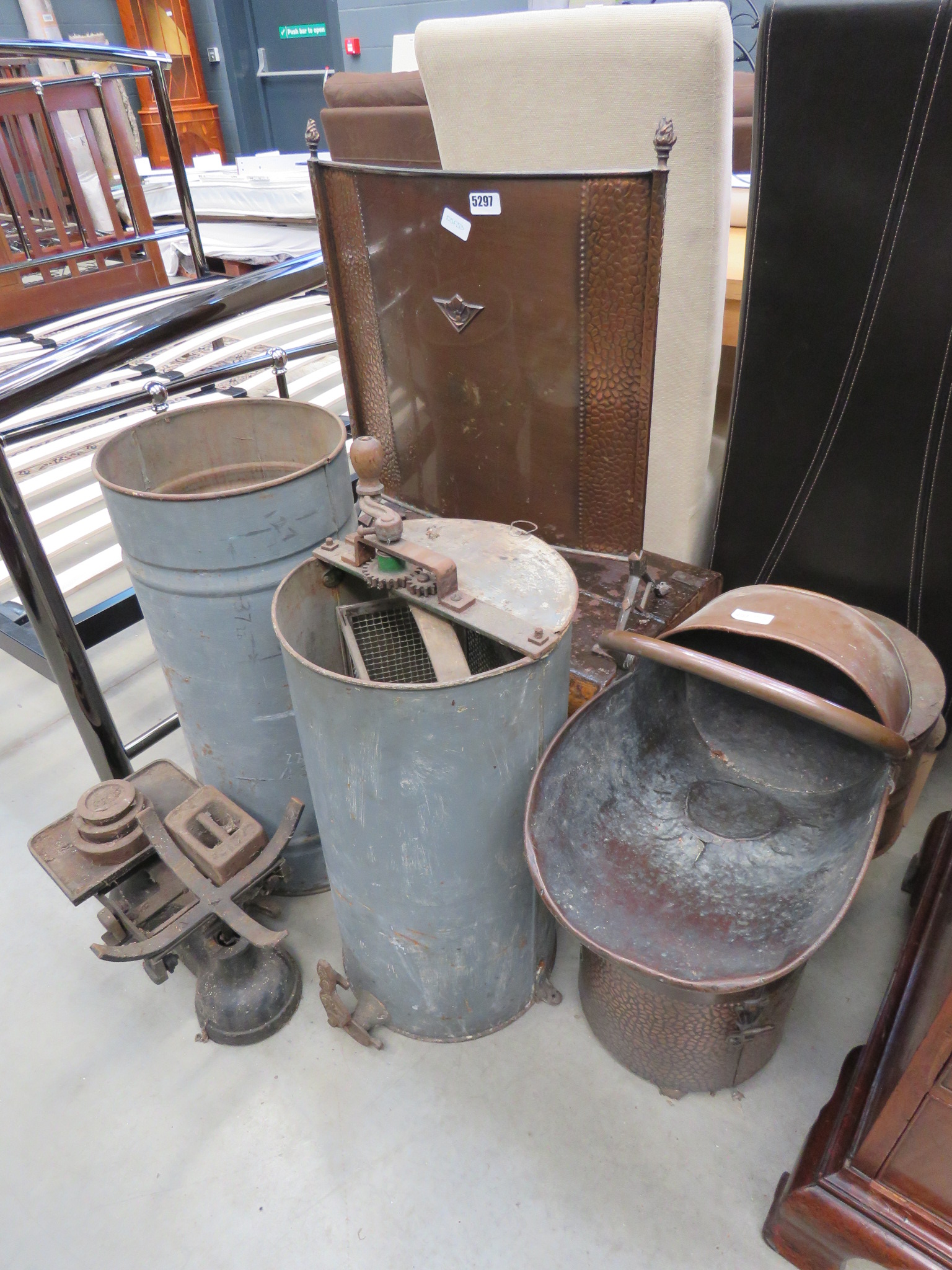 Group of metalwares including tin trunk, fire screen, coal scuttle etc