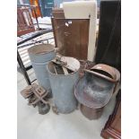 Group of metalwares including tin trunk, fire screen, coal scuttle etc