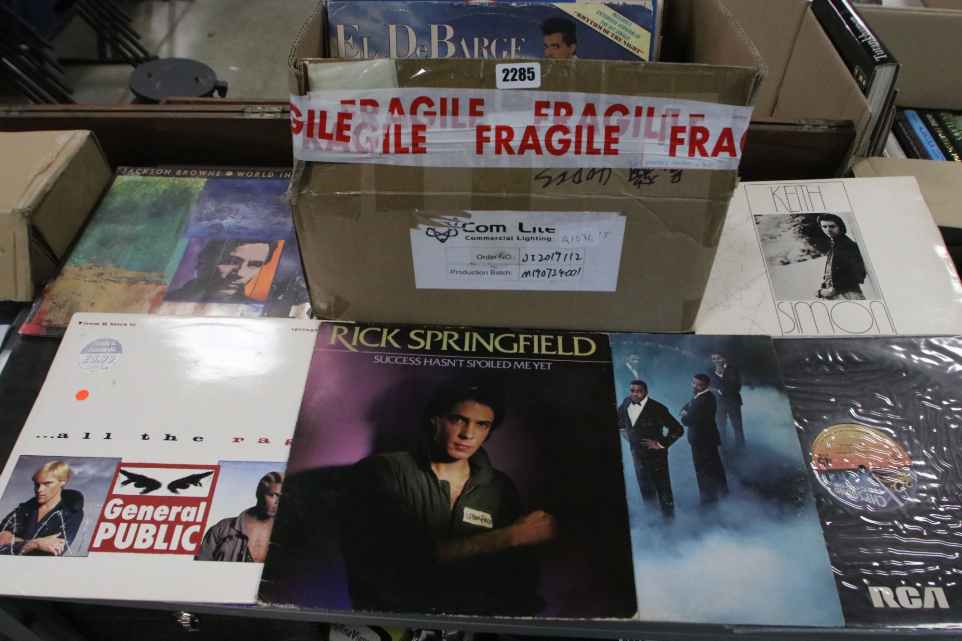 Box of various vinyl LP records inc. Keith Simon, Rick Springfield, Neil Sedaka and others