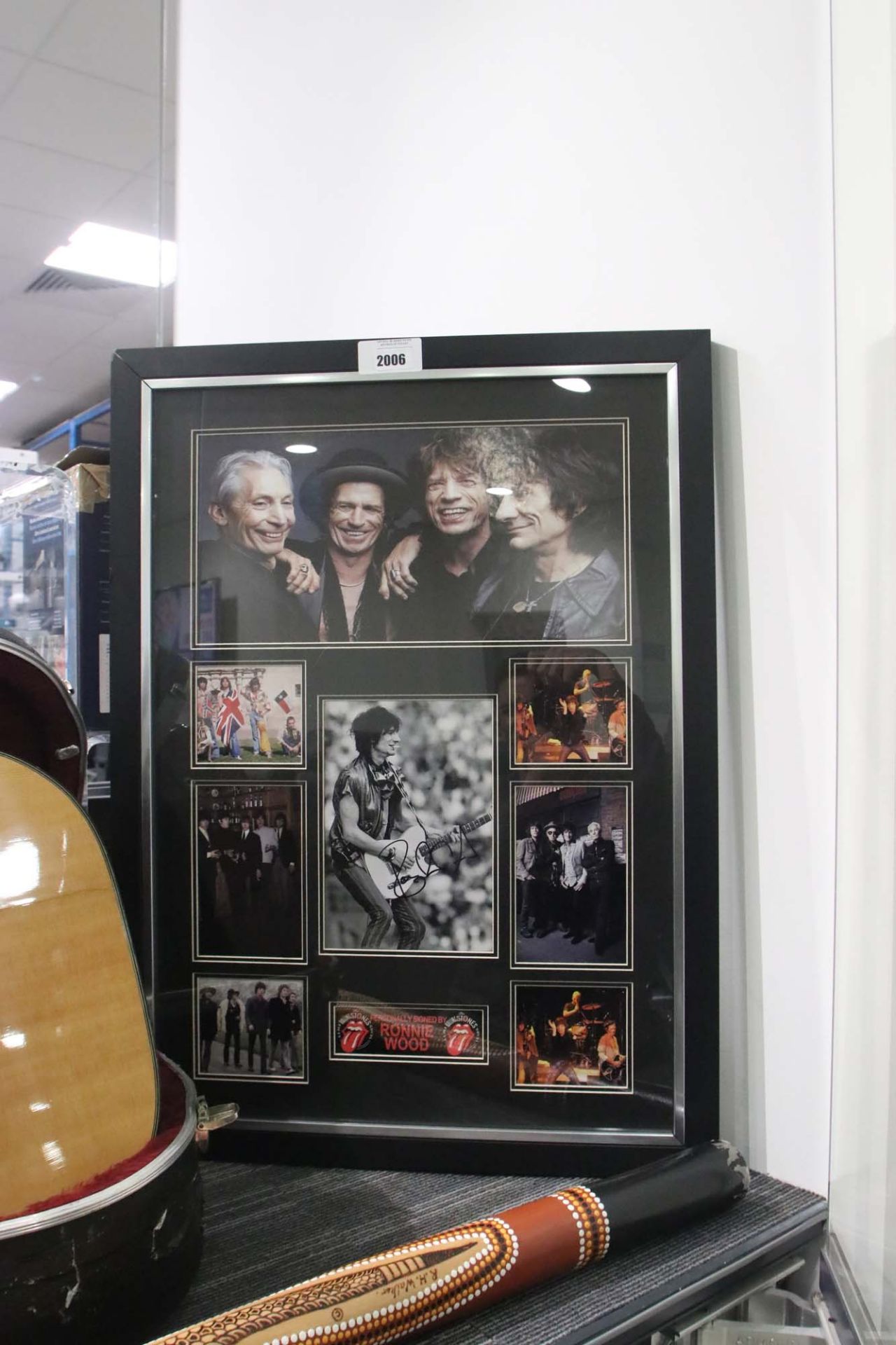 Framed and glazed set of pictures of Ronnie Wood & The Rolling Stones bearing Ronnie Wood's