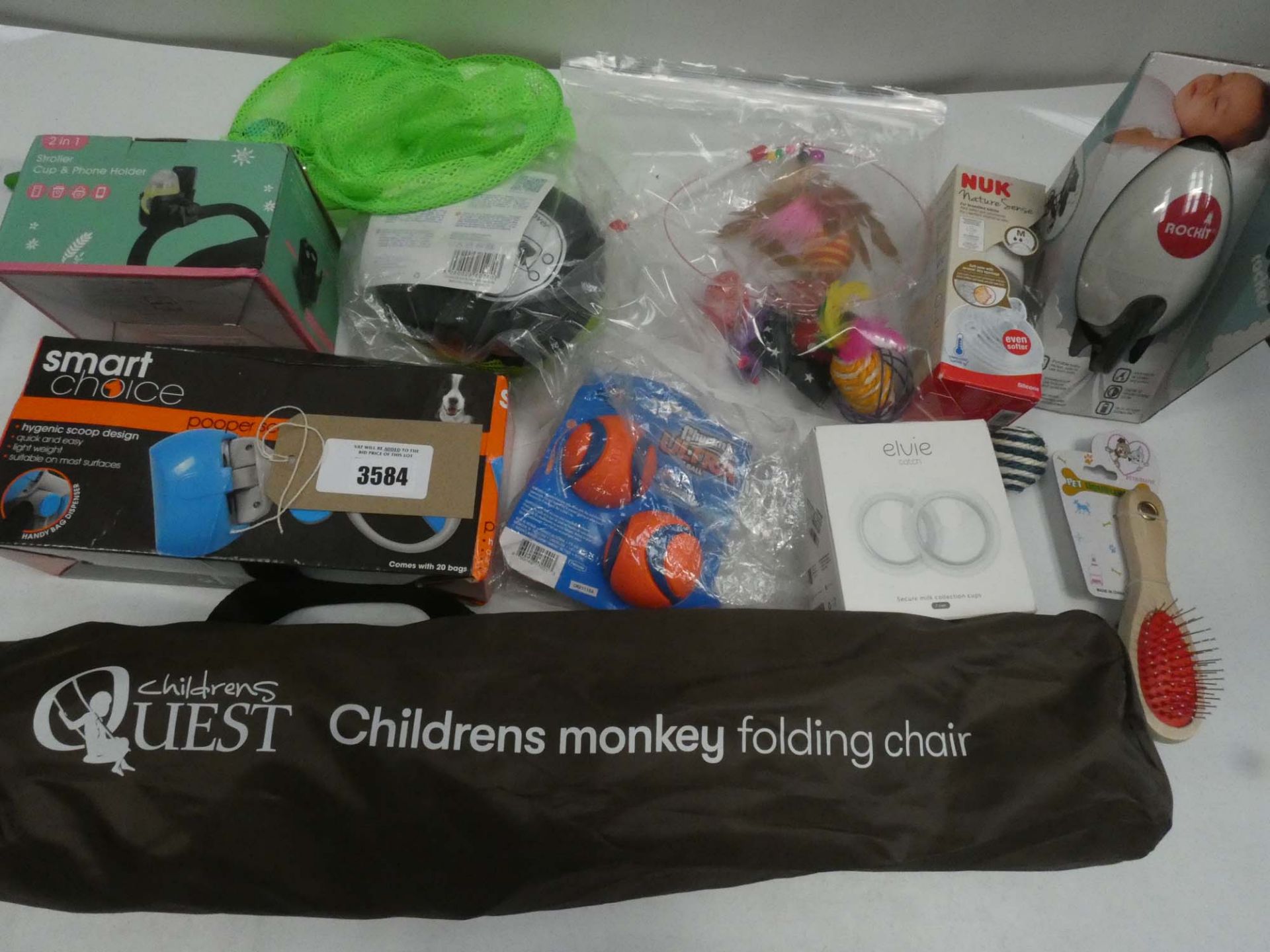 Rockit baby rocker, Childrens Quest monkey folding chair, milk bottle and pet accessories; toys,