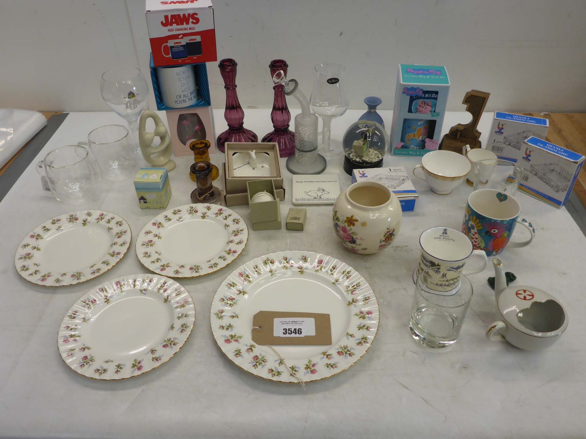 Selection of glassware & crockery, novelty mugs, candlesticks, vase etc