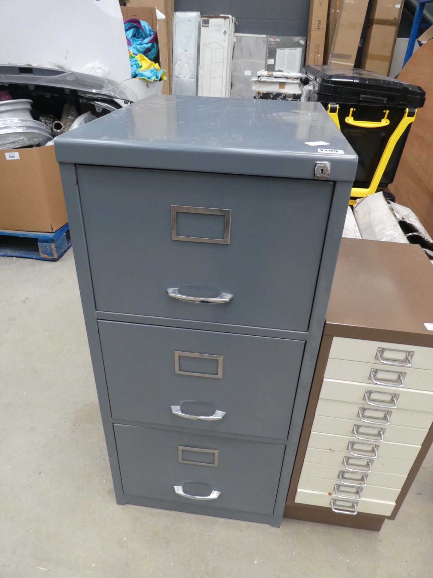 3-drawer grey metal filing cabinet