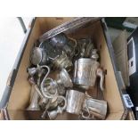 Box containing silver plate inc. candlesticks, tray and tea service