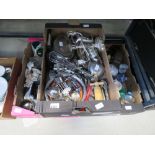3 boxes containing silver plate incl. bacon dish, 3 branch candlestick, corkscrews, cups, china
