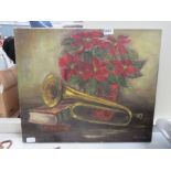 (10) Oil on canvas still life with poinsettia flowers and trumpet