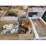 5 boxes containing glassware, jelly moulds, storage vessels, toast rack, souvenir ceramics, silver