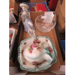 Small wash stand jug and bowl set, large Nao figure of lady plus Stuart Crystal fuchsia patterned