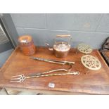 Chinese bamboo brush pot, brass fireside set, pair of trivets, and a copper kettle