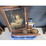 Crate containing watercolour landscapes, Madonna and child print, etc