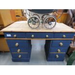 Pine and blue painted twin pedestal desk