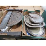 2 boxes containing silver plated trays, copper tray, etched slate plaque, brassware and candlesticks