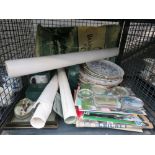 Cage containing collector's plates, glass paperweights, prints and ephemera