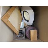 Box containing modern prints, sun hat , candlesticks and china