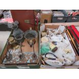 5387 2 boxes containing Edwardian and later crockery, plus briefcase, Mickey Mouse figure, brass