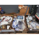 3 boxes containing glassware, blue and white and other crockery, Polish cups and saucers
