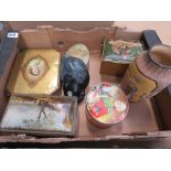 5446 Box containing quantity of vintage tins, and wall mask