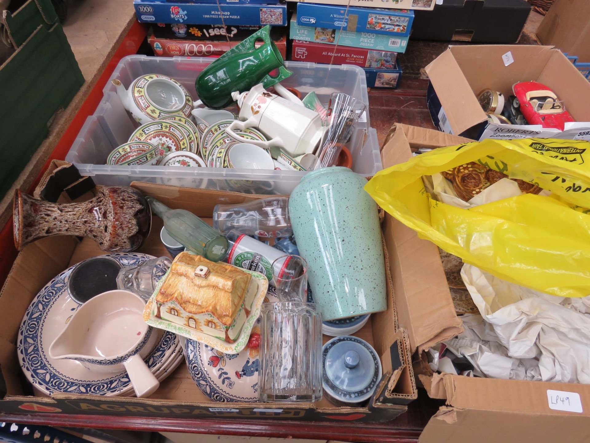 3 boxes and bag containing glassware, crockery and Chinese ceramics