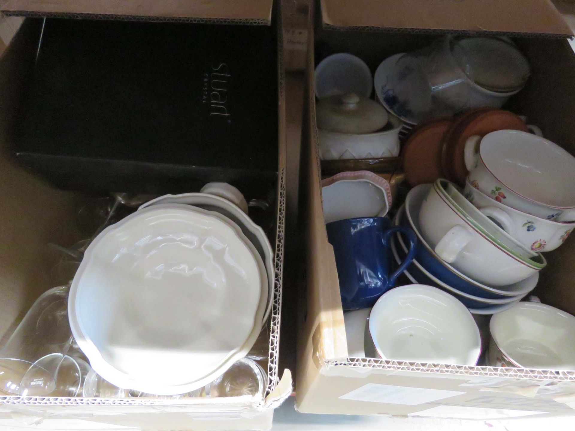 2 boxes containing wine glasses, tureen, cups, saucers, sideplates and other crockery