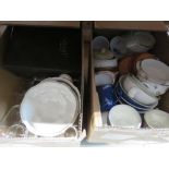 2 boxes containing wine glasses, tureen, cups, saucers, sideplates and other crockery