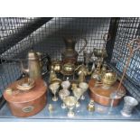 Cage containing silver plated egg cups, copper and brass oil lamps, miniature brass trivet, plus