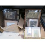 2 boxes containing quantity of engravings incl. map of the World, country cottages, Huntsman and