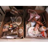 2 boxes containing ornamental figures, plant pots, pink glazed wash stand jug, child's airplane