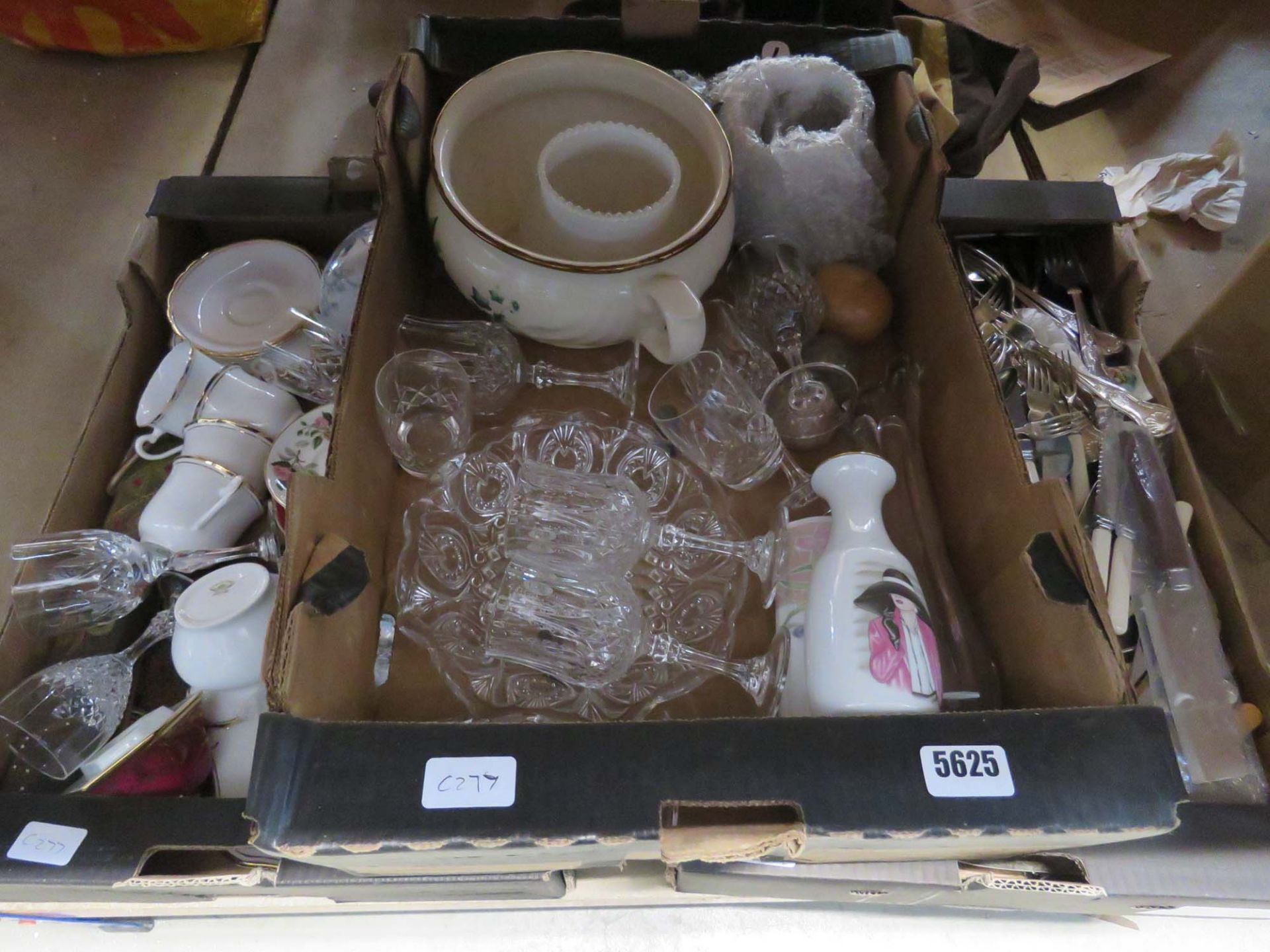 3 boxes containing loose cutlery, chamber pot, glassware, and general china