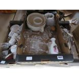 3 boxes containing loose cutlery, chamber pot, glassware, and general china