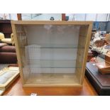 Beech and glazed wall mounted display cabinet