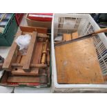 2 boxes containing furniture clamps, presses and paper guillotine