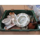 Box containing glass bowl, wine bottle, shaving mug, jug, ornamental cottages, and general crockery