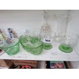 Quantity of green glass vessels incl. sundae dishes, bowls, decanter and vase