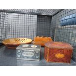 5536 Cage containing 2 vintage tins, bed warmer, pottery bowl