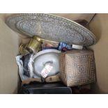 Box containing ensized brass tray, jewellery boxes, silver plated milk jug etc